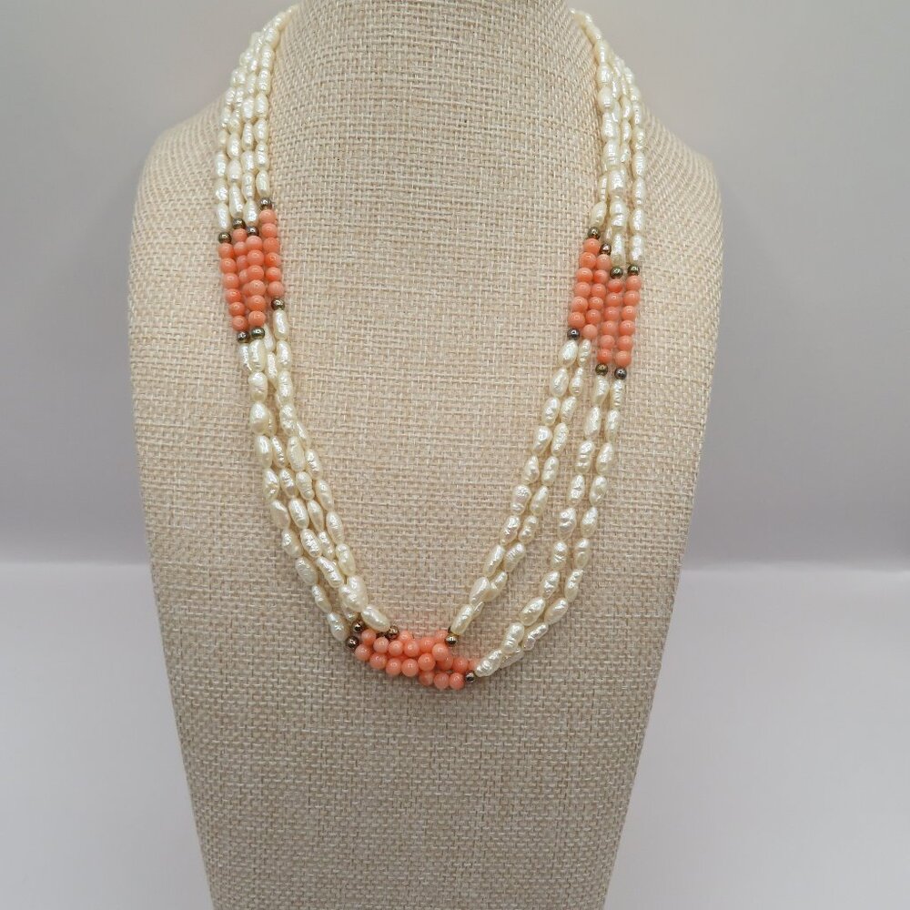 Vintage Baroque Seed Pearls and Coral Necklace - Gold Clasp